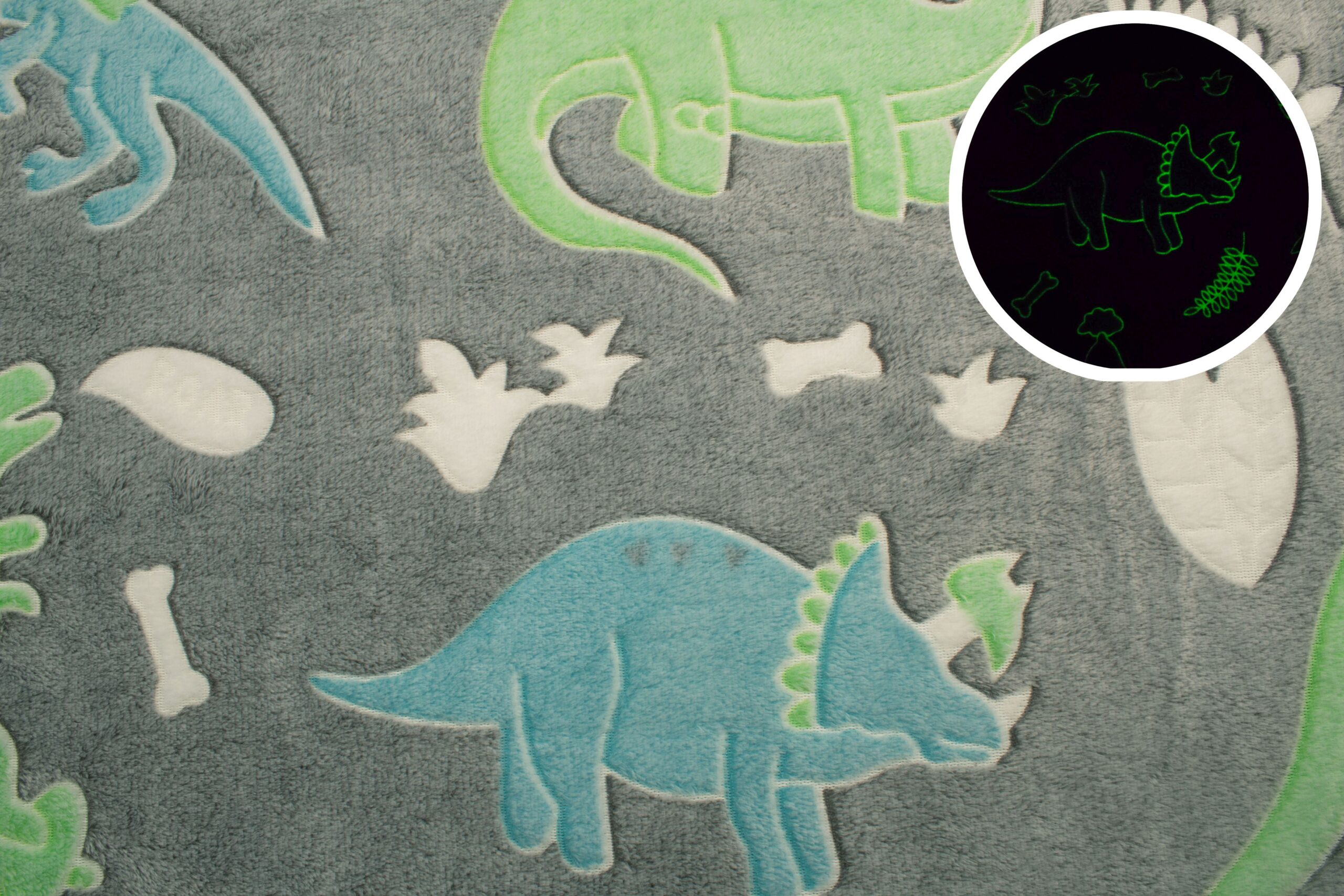 dino wild D Dzianina Minky Plush Świecący w ciemności 300g/m² -Wzór DINOZAUR WILD ,,Szary'' – Miękkość, którą kochasz - Efekt WOW po zmroku - obrazek 1